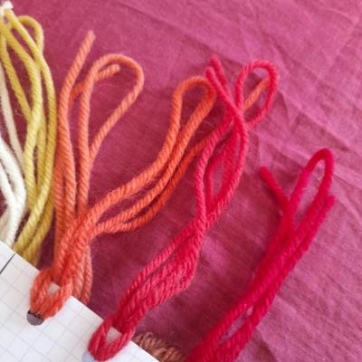 De gauche à droite: vert jaune, orange, orange foncé, rouge orangé, rouge garance